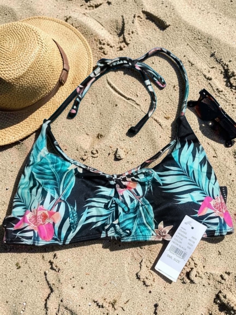 LA Hearts Black Bikini Top with Teal & Hot Pink Tropical Print